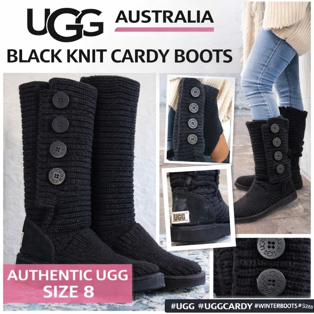 UGG Australia Black Cardy Tall Knit Fold-Over Boots Sz 8 Cozy Cozy Classic - Picture 7 of 10